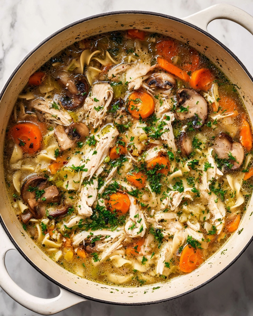 Large white Dutch oven filled with whole homemade chicken noodle soup featuring a rich broth with chunky slices of carrots, celery, onions, mushrooms, and shredded chicken, garnished with fresh chopped parsley, photographed from above on a white marble countertop, professional food styling photo taken with an iphone --ar 4:5 --v 7