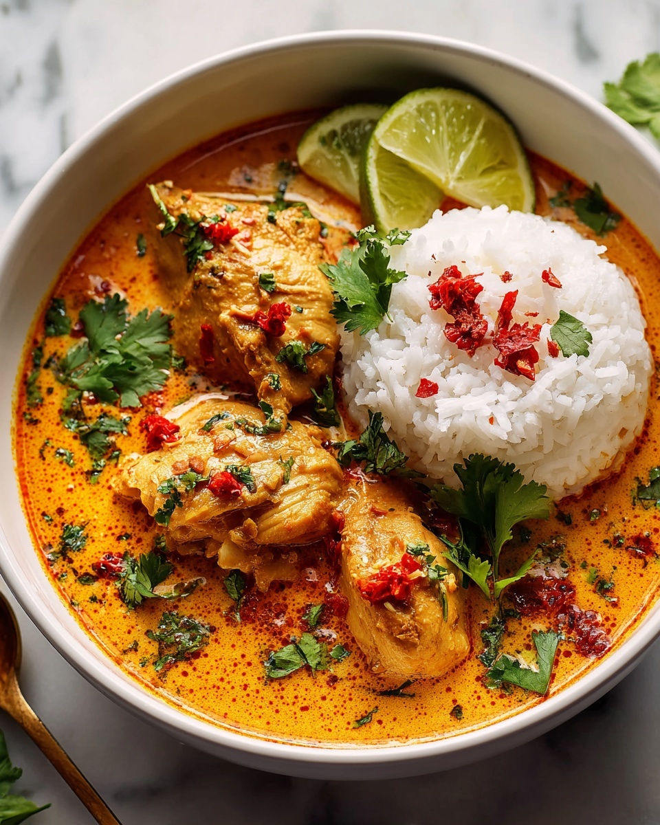 Large white serving bowl filled with a rich and creamy chicken curry stew, showcasing whole tender chicken pieces submerged in a vibrant orange sauce speckled with fresh cilantro leaves and dollops of red chili paste, accompanied by a generous mound of fluffy white rice and garnished with lime wedges, whole dish photographed from a 3/4 angle on white marble countertop, natural lighting, professional food magazine hero shot, photo taken with an iphone --ar 4:5 --v 7