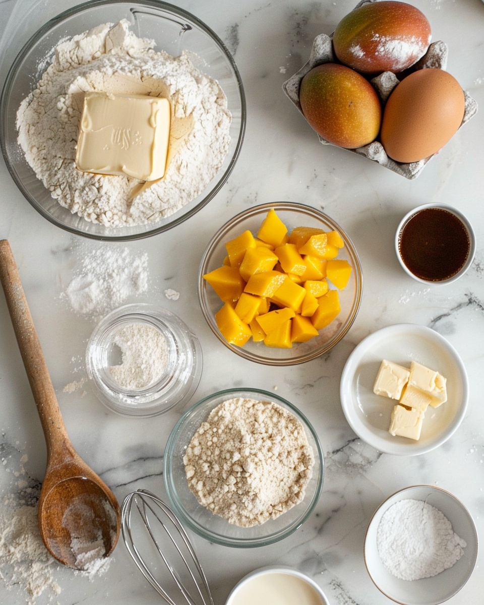 Mango Cookies with Creamy Mango Glaze Recipe 5 Single white plate holding one freshly baked mango cookie with white icing drizzled on top, revealing a close-up view of the soft, crumbly interior embedded with vibrant mango chunks, angled to emphasize the tender texture and juicy fruit pieces, surrounded by small diced mango scattered artfully around the plate, set on a white marble surface with natural lighting to enhance the warm tones, styled as an intimate single serving from a food blog, photo taken with an iphone --ar 4:5 --v 7