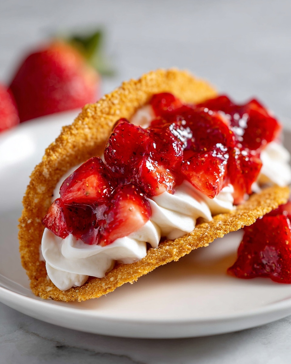 Cheesecake Taco Cups with Strawberry Glaze Recipe 6 A long white rectangular serving platter displays a full row of golden-brown mini tartlet shells filled with smooth, creamy vanilla filling and topped generously with bright red, glistening strawberry compote, all arranged neatly in a visually appealing line, whole dish photographed at a 3/4 angle on a white marble countertop with natural lighting, professional food styling photo taken with an iphone --ar 4:5 --v 7