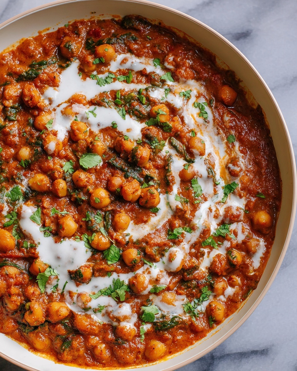 Large white frying pan filled with a rich, creamy chickpea curry, seasoned with vibrant spices and fresh herbs, swirled with cooling yogurt and sprinkled with chopped cilantro, capturing the full, uncut dish in a professional 3/4 angle shot on a white marble countertop with natural lighting, styled like a food magazine hero photo, photo taken with an iphone --ar 4:5 --v 7