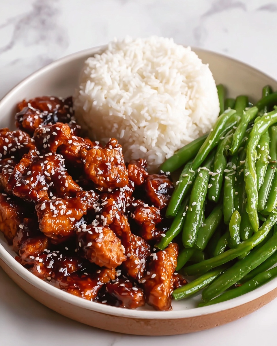 Large white rectangular serving platter filled with a generous portion of sticky sesame-glazed chicken bites sprinkled with white sesame seeds, accompanied by perfectly steamed white rice garnished with bright green scallion slices, and a vibrant heap of sautéed green beans with a glossy finish, whole dish photographed from a 3/4 angle on a white marble countertop with natural lighting, styled like a hero shot from a food magazine, photo taken with an iphone --ar 4:5 --v 7