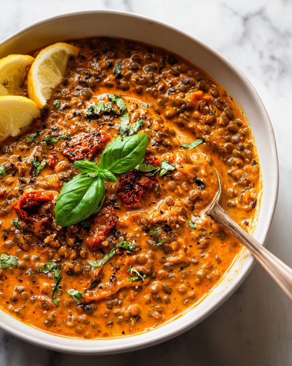 Large white enameled cast iron pot filled with rich and creamy black lentil curry, featuring a vibrant orange-tinted sauce swirled with cream, garnished with fresh basil leaves and a lemon wedge resting on the edge, whole dish shown from a 3/4 angle on a white marble countertop with natural lighting, styled like a hero shot from a food magazine, photo taken with an iphone --ar 4:5 --v 7
