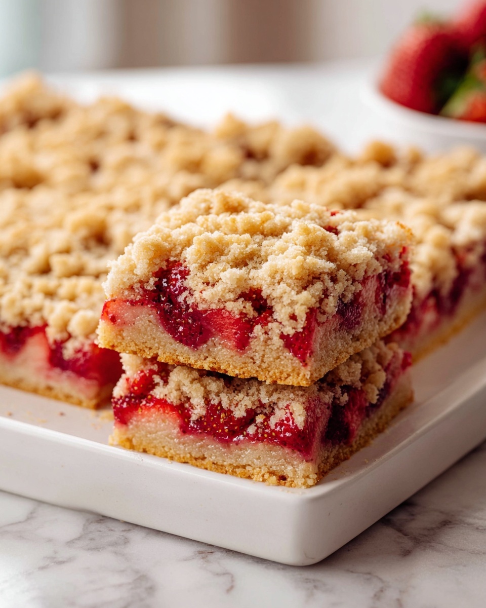 Large white rectangular baking dish filled with a full strawberry crumb cake, showcasing a thick golden crumb topping layered over a moist vanilla cake base with vibrant whole strawberries peeking through the crumb, the entire uncut cake photographed from a 3/4 angle on a white marble countertop with natural lighting, styled like a hero shot from a food magazine, photo taken with an iphone --ar 4:5 --v 7