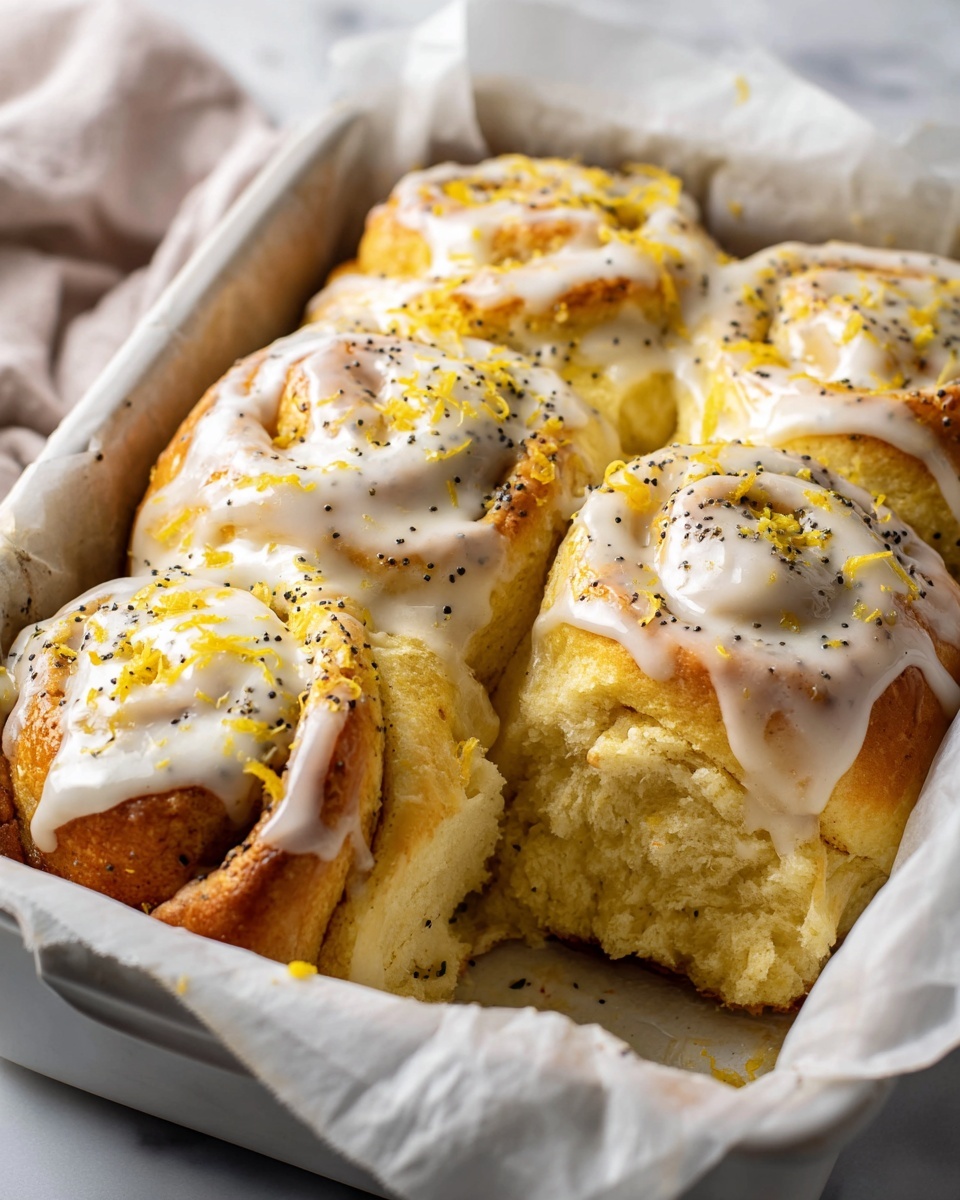 White rectangular baking dish filled with a whole batch of golden lemon poppy seed rolls, generously drizzled with creamy white icing and sprinkled with fresh lemon zest and poppy seeds, each roll fluffy and perfectly baked, arranged side by side nestled in parchment paper, whole dish presented on a white marble countertop, natural lighting highlighting the soft texture and shiny glaze, professional food magazine hero shot photo taken with an iphone --ar 4:5 --v 7