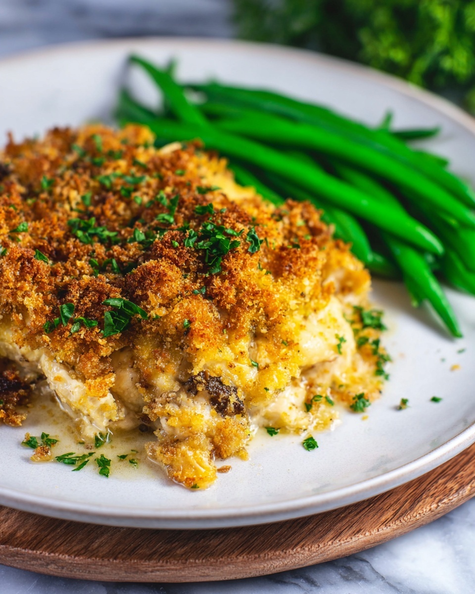Large white ceramic baking dish filled with a full golden baked casserole topped with a crunchy, herb-infused breadcrumb crust, showing creamy, cheesy layers underneath with bits of seasoned vegetables and herbs, the entire dish styled on a white marble countertop with natural lighting capturing the crisp texture and vibrant colors, professional food magazine hero shot photo taken with an iphone --ar 4:5 --v 7