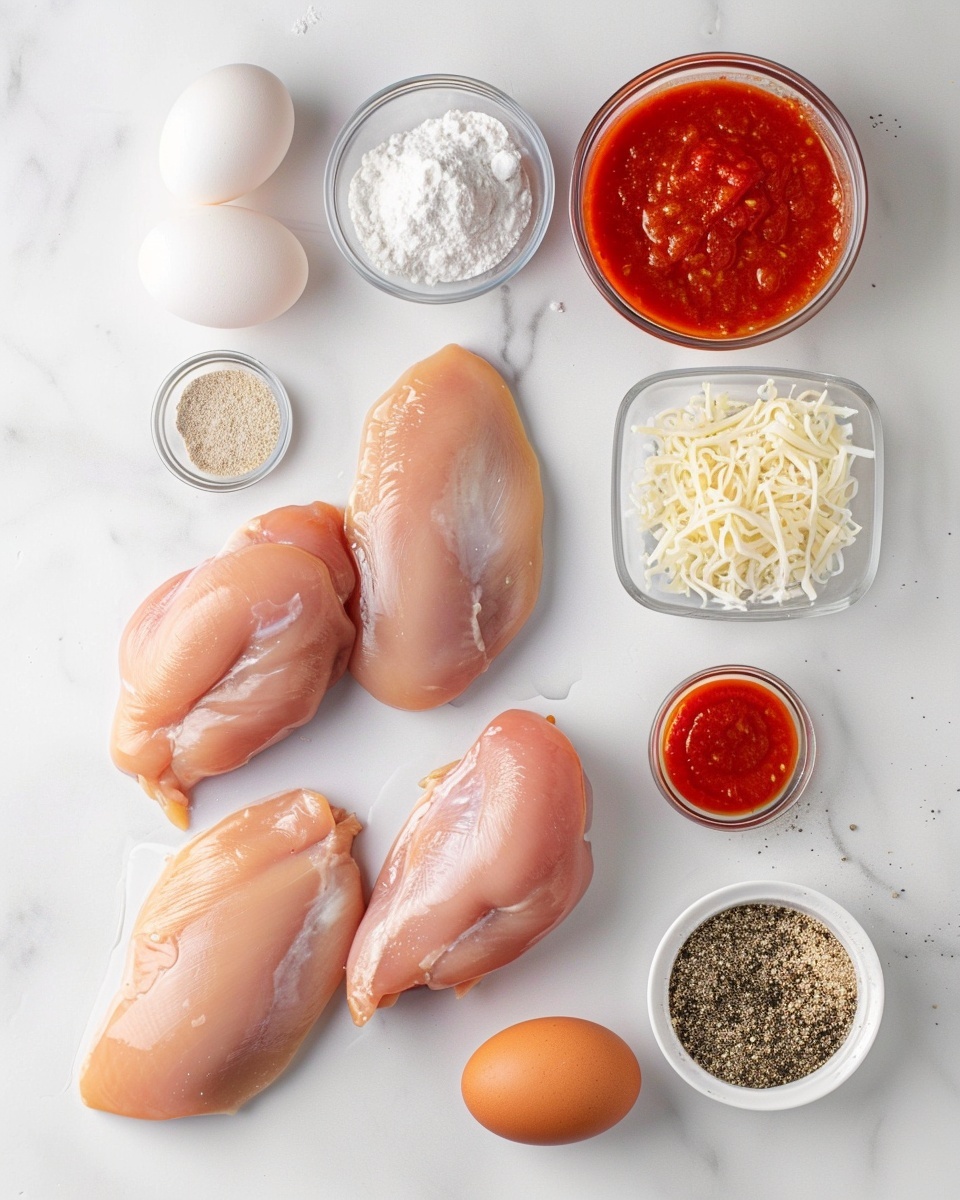 Single white plate featuring one generous portion of golden, crispy chicken parmesan topped with melted mozzarella cheese and vibrant red marinara sauce, sprinkled with fresh chopped basil leaves, close-up angled shot revealing the crunchy breading texture and layers of cheese, sauce, and chicken beneath, placed on a white marble surface with natural lighting, styled like an individual serving from a food blog, photo taken with an iphone --ar 4:5 --v 7