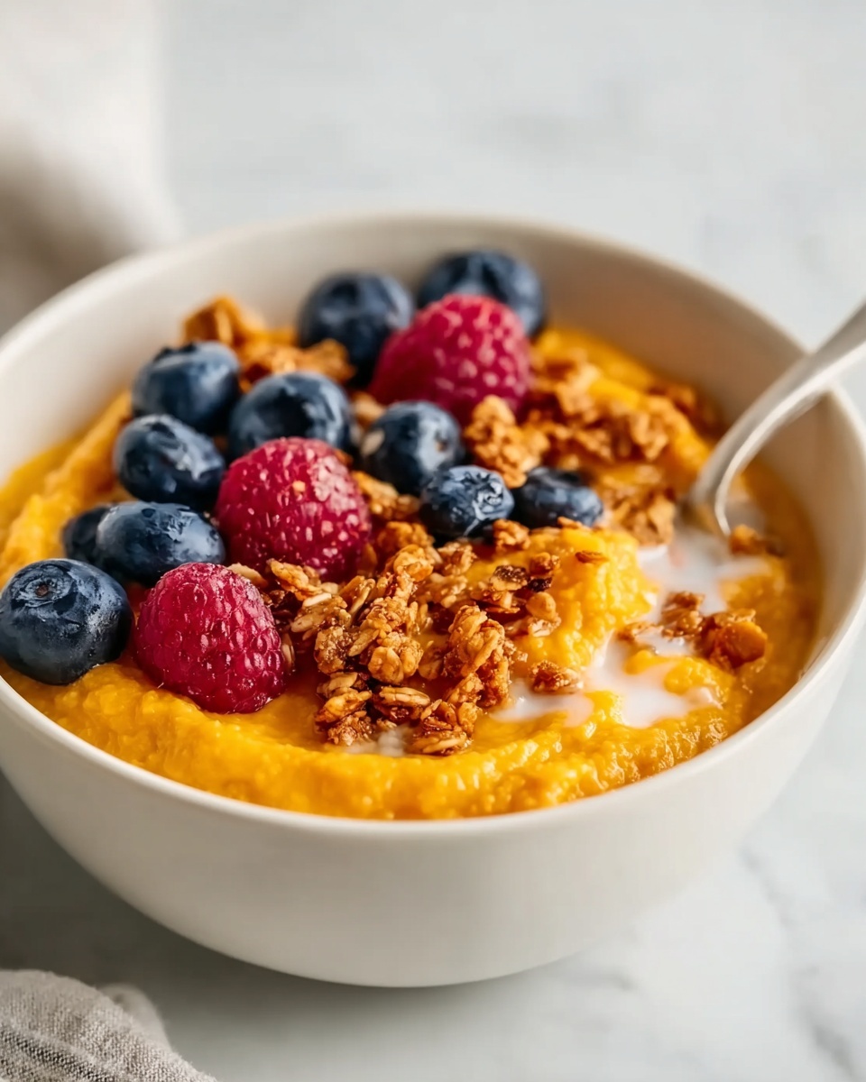 Large white bowl filled to the brim with smooth, vibrant orange sweet potato puree, generously topped with a thick layer of fluffy whipped cream, sprinkled with crunchy golden granola clusters, and garnished with an abundant arrangement of fresh, sliced strawberries and whole blueberries, all presented in a visually appealing manner. The entire bowl is centered on a pristine white marble countertop, captured in natural lighting from a professional 3/4 angle perspective, showcasing the full wholesome serving of this nutritious dish, photo taken with an iphone --ar 4:5 --v 7