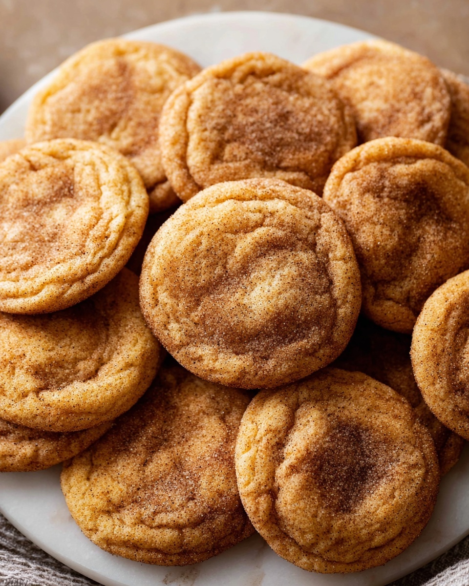 White marble countertop displaying a large white plate filled with an entire batch of freshly baked snickerdoodle cookies, each cookie perfectly round with a slightly cracked surface dusted generously with cinnamon sugar, arranged closely together to showcase their warm golden-brown color and soft texture, professional 3/4 angle food photography with natural lighting capturing the full cookies in frame, photo taken with an iphone --ar 4:5 --v 7