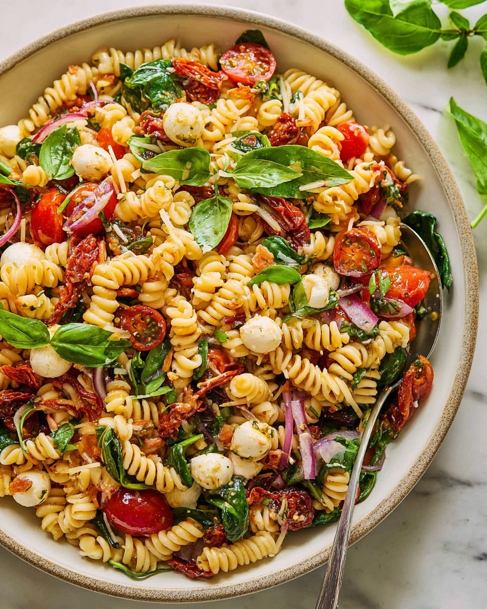 Large white serving bowl filled with vibrant pasta salad made with whole spiral pasta, fresh cherry tomatoes, baby spinach leaves, sun-dried tomatoes, diced red onions, and small mozzarella balls, all tossed in an herb-infused dressing, garnished with fresh basil leaves, whole dish photographed from a 3/4 angle on a white marble countertop, natural lighting, professional food magazine hero shot photo taken with an iphone --ar 4:5 --v 7