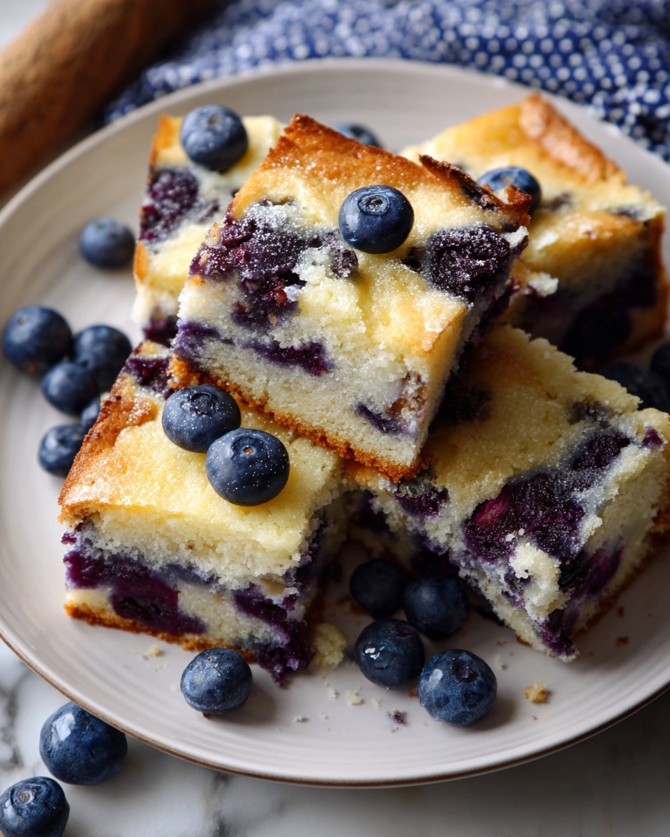 Whole rectangular blueberry cake in a white baking pan, showing a golden crust and a moist, fluffy interior bursting with fresh whole blueberries evenly distributed throughout the batter, with a lightly baked creamy topping swirled with blueberry pockets, placed on a white marble countertop, natural lighting highlighting the texture and colors, professional overhead food magazine style photo taken with an iphone --ar 4:5 --v 7