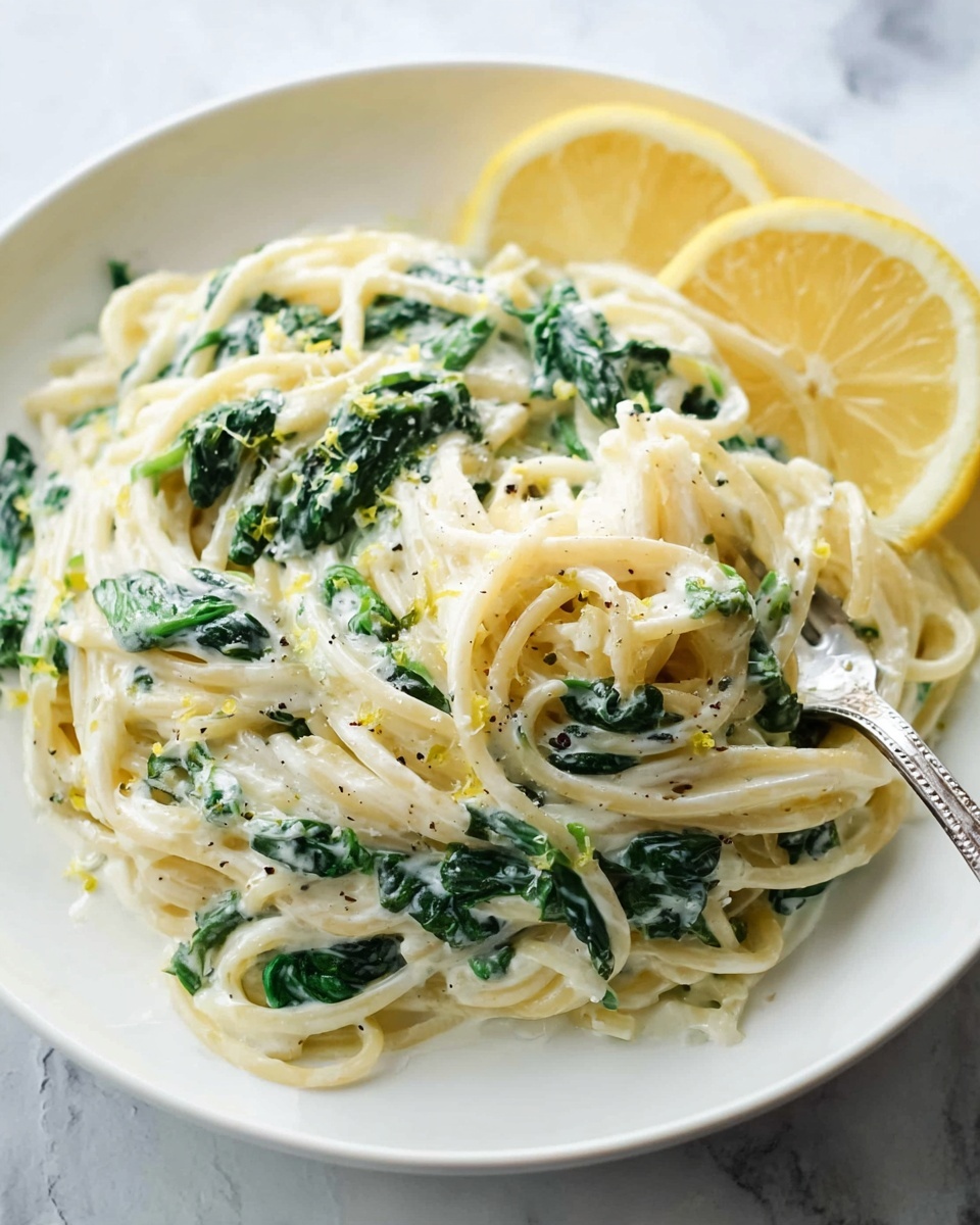 Large white serving bowl filled with creamy spaghetti pasta tossed with fresh sautéed spinach in a rich, velvety white sauce, garnished with bright lemon zest and accompanied by a whole lemon wedge on the side, whole dish photographed from a 3/4 angle on a white marble countertop with natural lighting, professional food styling photo taken with an iphone --ar 4:5 --v 7