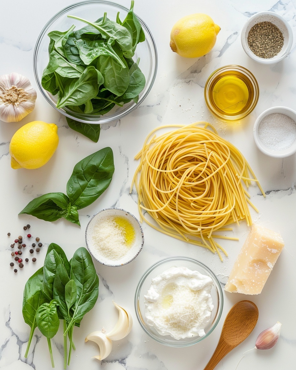 Single white plate featuring a generous portion of creamy spaghetti with spinach, close-up angled view revealing tender pasta strands coated in a luscious white sauce interspersed with vibrant green spinach leaves, subtle flecks of black pepper and lemon zest sprinkled on top, accompanied by two fresh lemon wedges on the side, placed on a white marble surface, natural lighting highlighting the glossy texture and fresh ingredients, intimate styled food blog serving photo taken with an iphone --ar 4:5 --v 7