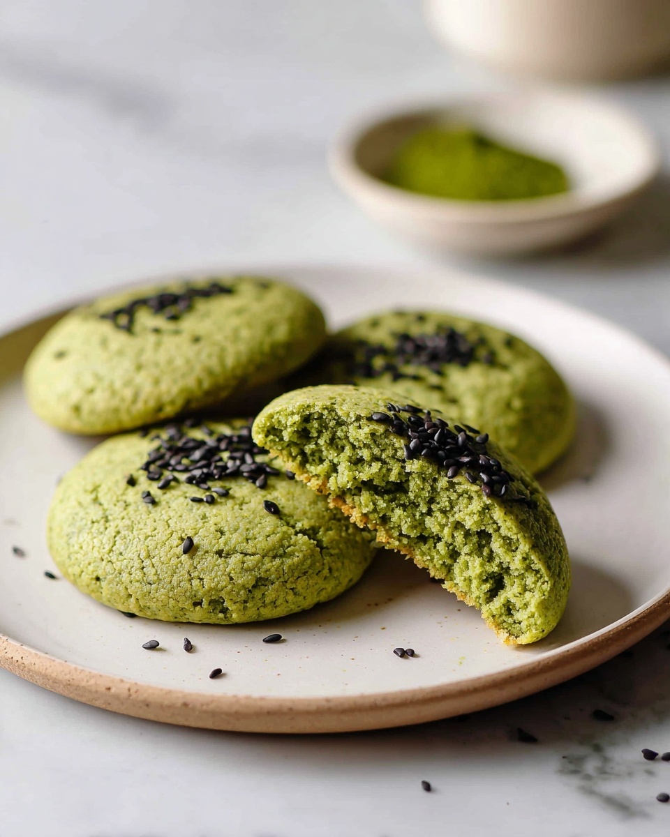 A white rectangular serving platter filled with a full batch of round matcha cookies arranged neatly in rows, each cookie topped with a sprinkle of black sesame seeds, showcasing their soft texture and vibrant green color, styled on a white marble countertop with natural lighting to enhance the fresh and inviting look, professional food magazine hero shot photo taken with an iphone --ar 4:5 --v 7