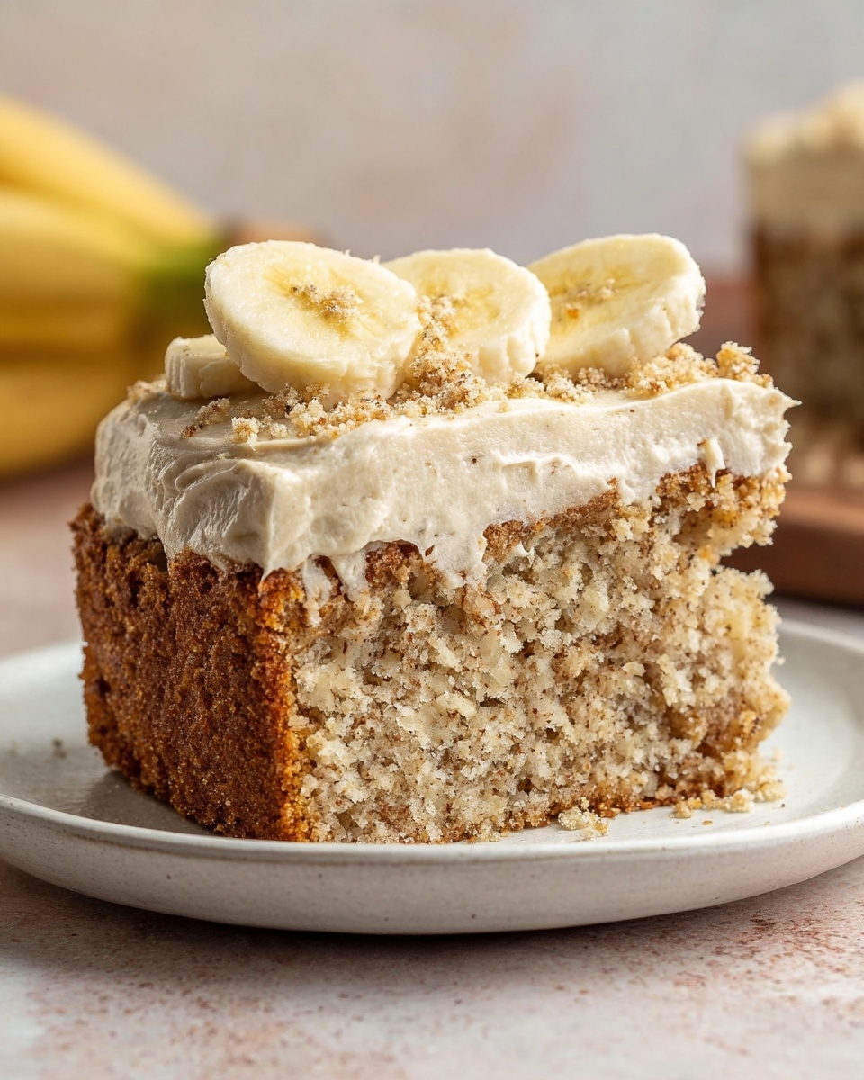 Full rectangular homemade banana cake spread with a smooth creamy beige frosting, topped with light brown crumbled cookie bits evenly scattered, garnished delicately with neat clusters of fresh banana slices at the corners, all presented on a clean white surface, captured from a 3/4 angle on a white marble background, professional natural light food magazine hero shot photo taken with an iphone --ar 4:5 --v 7