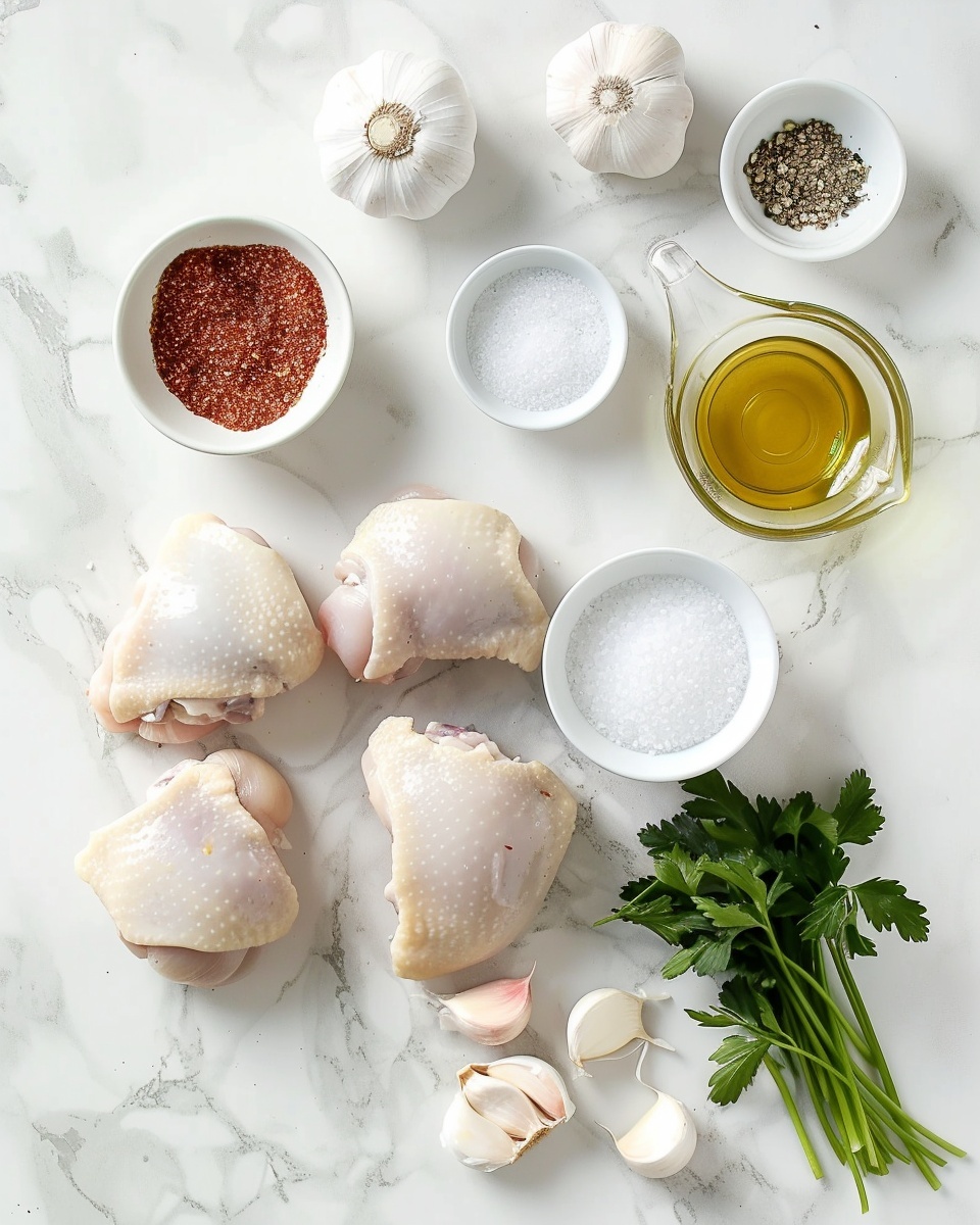 Single white plate featuring a perfectly cooked golden-brown chicken thigh with crisp, seasoned skin, resting in a shallow pool of rich, savory garlic herb sauce, sprinkled with fresh chopped parsley, close-up angled shot revealing the tender, juicy interior texture of the chicken where the skin slightly peels back, set on a white marble surface, natural lighting highlighting the glistening sauce and textures, styled as an individual plated serving from a food blog, photo taken with an iphone --ar 4:5 --v 7