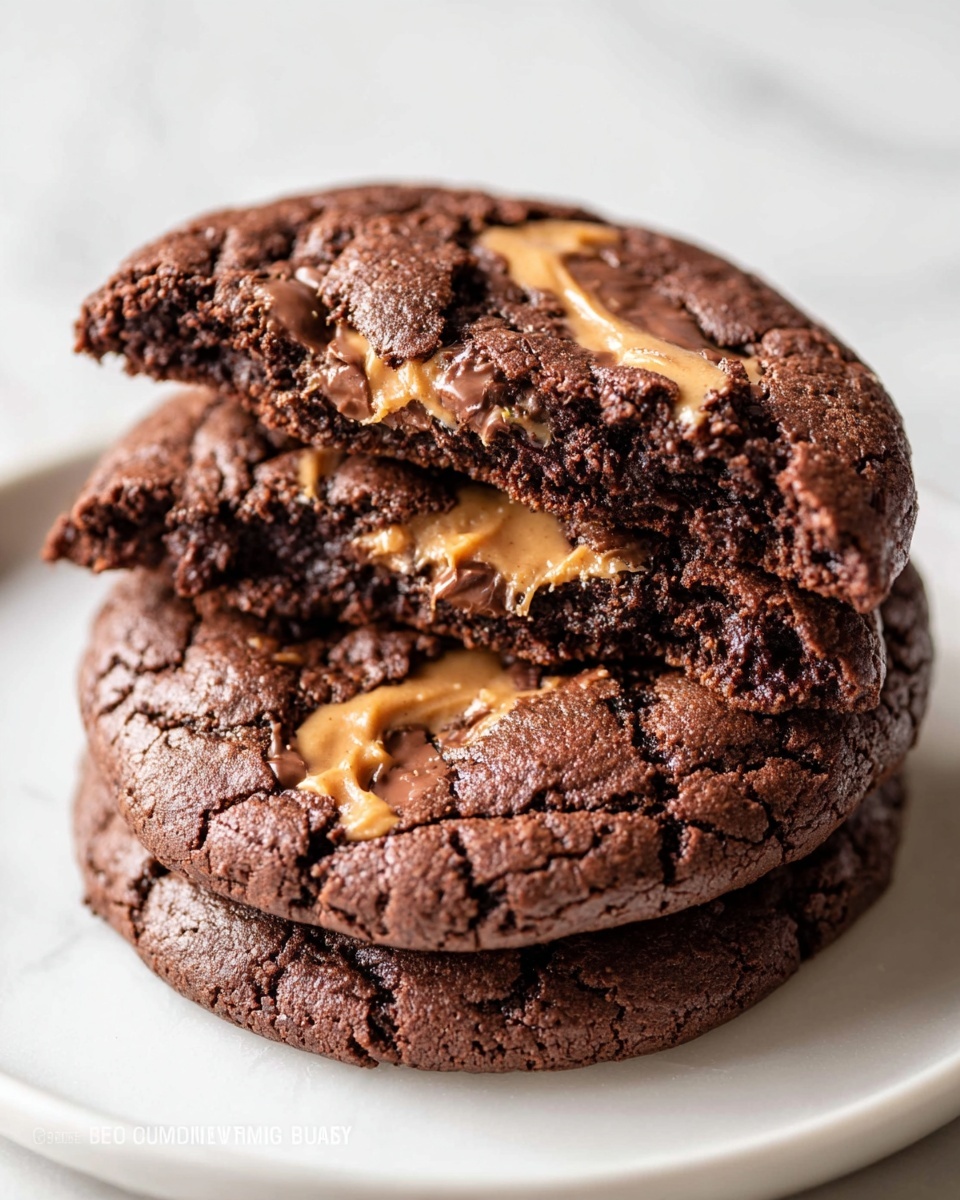 Large white round cooling rack filled with a full batch of rich, dark chocolate cookies studded generously with creamy peanut butter chips, each cookie slightly glossy and perfectly baked, all arranged neatly together as a complete batch, photographed from a 3/4 angle on a white marble countertop with natural lighting, professional food magazine hero shot photo taken with an iphone --ar 4:5 --v 7
