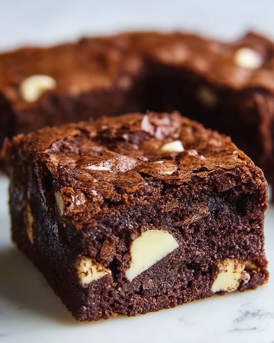 A large, whole rectangular white ceramic baking dish filled with a dense, fudgy chocolate brownie studded generously with white chocolate chips throughout, the top perfectly cracked and shiny with a rich chocolate crust, the entire uncut brownie block showcased in a professional 3/4 angle shot on a white marble surface, bathed in natural light that highlights the glossy texture and deep chocolate color, styled like a hero shot from a food magazine, photo taken with an iphone --ar 4:5 --v 7