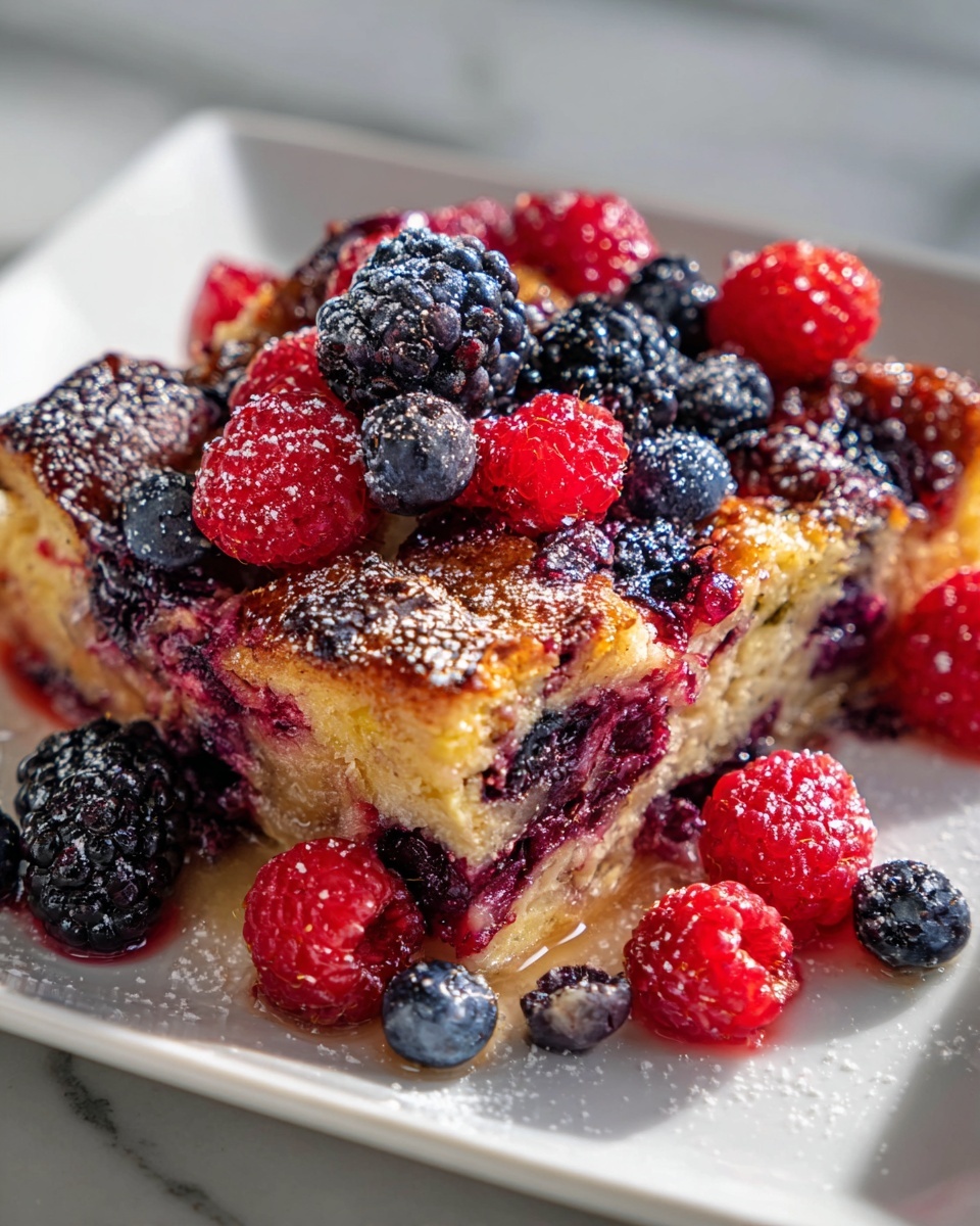 Full rectangular glass baking dish filled with a mixed-berry bread pudding, showcasing golden baked bread cubes soaked in custard and studded generously with plump raspberries, blackberries, and blueberries, lightly dusted with powdered sugar, the entire dish displayed on a white marble countertop under natural lighting, professional overhead food photography styled as an enticing hero shot, photo taken with an iphone --ar 4:5 --v 7