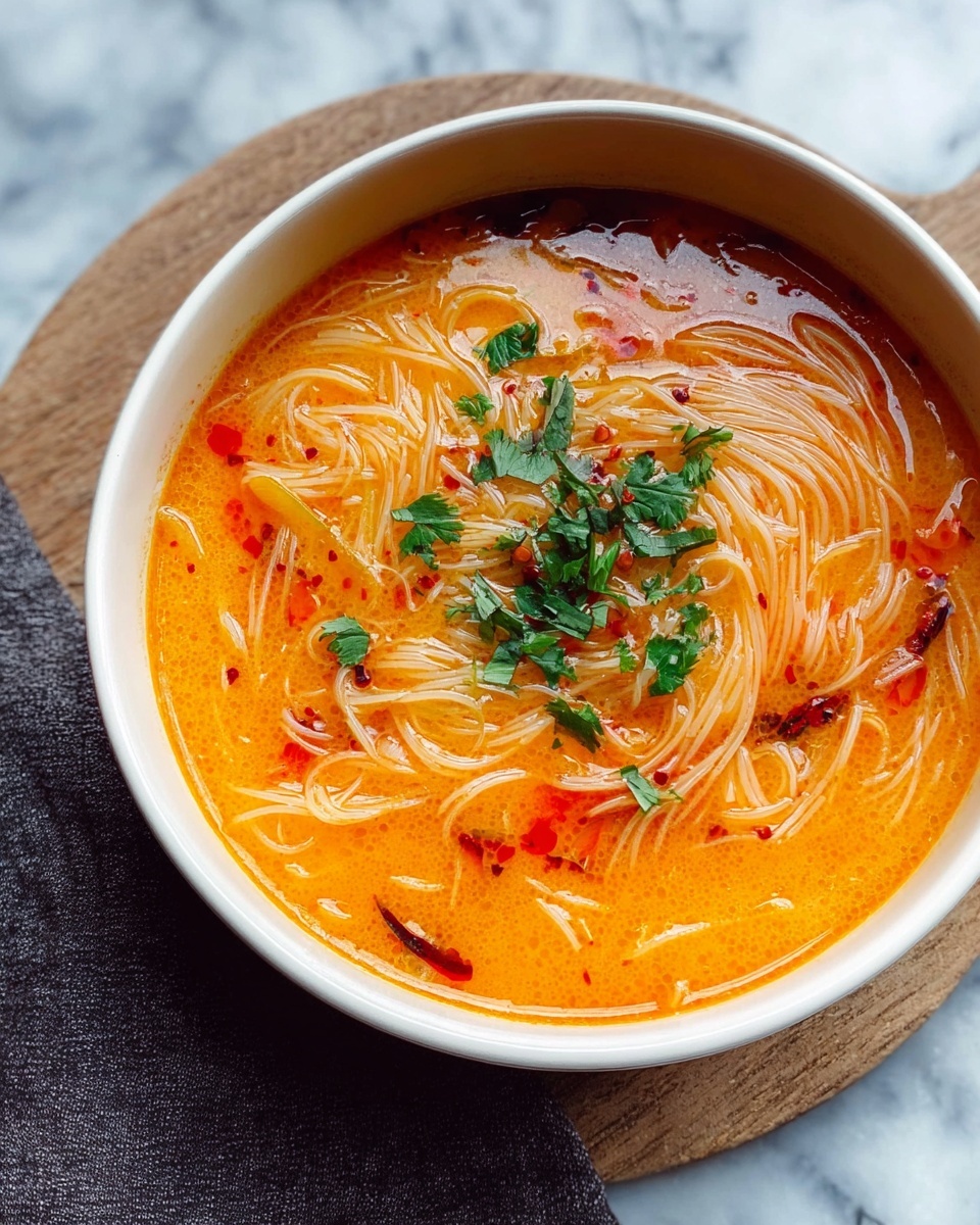 Large white bowl filled with a generous serving of spicy Thai coconut soup with vermicelli noodles, vibrant red chili oil floating on creamy broth, chunks of fresh vegetables like tomatoes and herbs scattered throughout, garnished with fresh cilantro, whole dish captured from a 3/4 angle on a white marble surface with natural light highlighting the rich colors, styled like a professional food magazine hero shot, photo taken with an iphone --ar 4:5 --v 7
