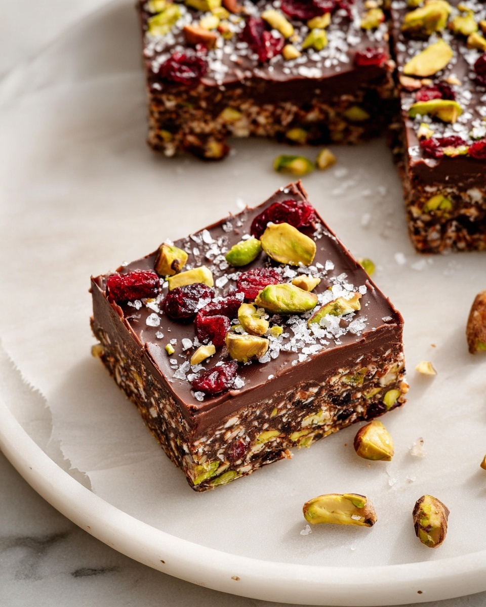 Large white rectangular baking dish filled with a whole tray of glossy dark chocolate bark topped generously with chopped pistachios, pecans, dried cranberries, and sprinkled with flaky sea salt, presented as a complete uncut sheet on crinkled parchment paper, photographed from a 3/4 angle with natural lighting on a white marble background, professional food magazine hero shot photo taken with an iphone --ar 4:5 --v 7