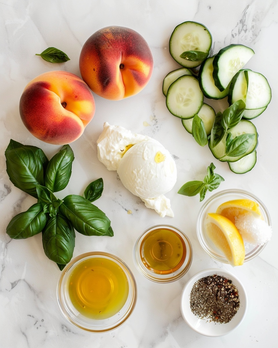Single white plate featuring one serving of creamy burrata cheese topped with thinly sliced, fresh cucumber ribbons and vibrant peach wedges revealing juicy red centers, garnished with delicate basil leaves, lemon zest curls, and sprigs of thyme, sprinkled with freshly ground black pepper and a drizzle of golden olive oil, angled close-up showcasing the contrasting textures and colors, placed on a white marble surface with natural lighting, styled like an elegant food blog presentation, photo taken with an iphone --ar 4:5 --v 7