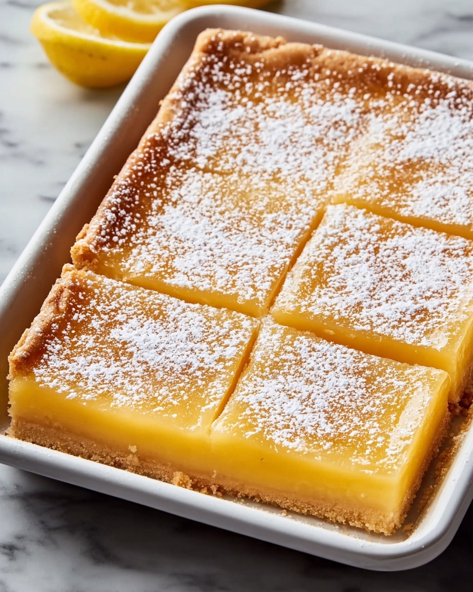 Whole rectangular lemon bar dessert in a white baking pan, featuring a golden-brown shortbread crust topped with a thick, smooth, and glossy lemon custard layer, dusted evenly with powdered sugar, set against a white marble background with natural lighting, photographed from a 3/4 angle as a hero shot for a food magazine, photo taken with an iphone --ar 4:5 --v 7