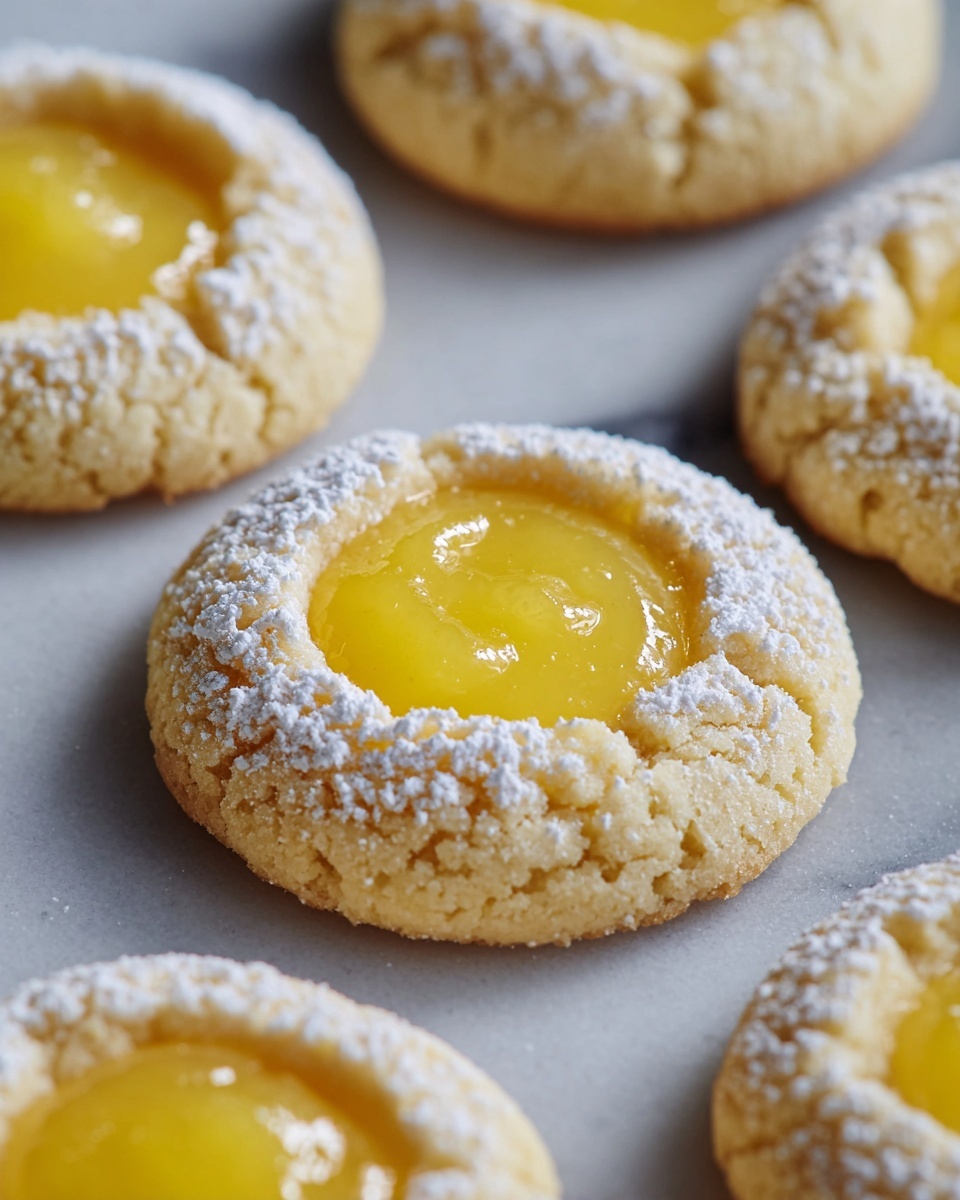 White plate filled with a neatly arranged full batch of soft lemon thumbprint cookies, each cookie generously topped with glossy lemon curd and lightly dusted with powdered sugar, showcasing the complete batch with some stacked and others laid flat, photographed from a 3/4 angle on a white marble countertop, natural lighting highlighting the smooth texture and bright color contrast, professional food styling photo taken with an iphone --ar 4:5 --v 7