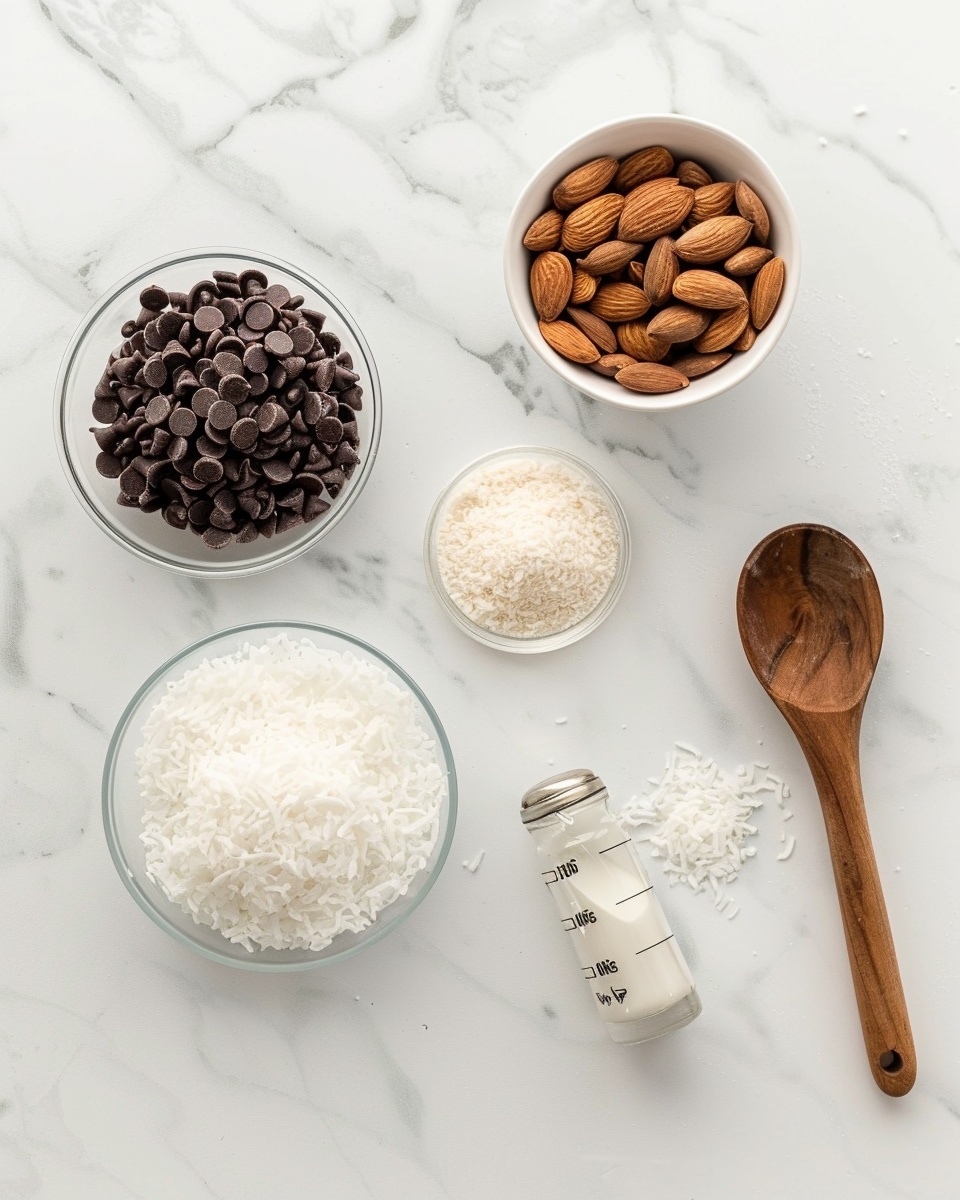 Single white plate holding one golden coconut macaroon studded with semi-sweet chocolate chips and small bits of chopped nuts, close-up angle highlighting the chewy, shredded coconut texture and the soft, creamy interior with crispy toasted edges, natural light casting gentle shadows, set on a white marble surface, styled like an inviting food blog shot, photo taken with an iphone --ar 4:5 --v 7