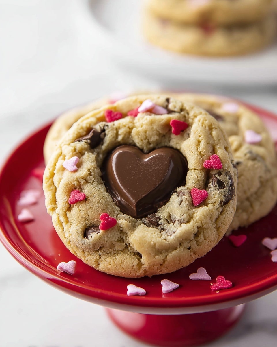Large white serving platter filled with an array of freshly baked chocolate chip cookies, each topped with a whole heart-shaped milk chocolate piece and sprinkled with festive red, pink, and white heart-shaped sprinkles, the cookies arranged in a slightly overlapping pattern showcasing their golden edges and soft centers, photographed from above on a white marble countertop, natural lighting emphasizing the texture and color, professional food styling photo taken with an iphone --ar 4:5 --v 7