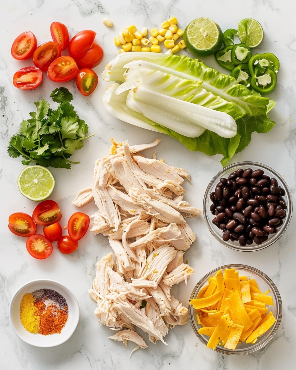 Single white bowl with a generous single serving of southwestern chicken salad featuring shredded chicken, crisp chopped romaine lettuce, halved cherry tomatoes, black beans, sweet corn kernels, and thinly sliced red onions, all lightly drizzled with a creamy, smoky chipotle dressing. Two lime wedges sit on the side, adding a fresh vibrant touch. Close-up angled shot captures the varied textures and colors with the creamy dressing visibly coating the ingredients, placed on a white marble surface, natural lighting highlighting the freshness, styled food blog presentation photo taken with an iphone --ar 4:5 --v 7