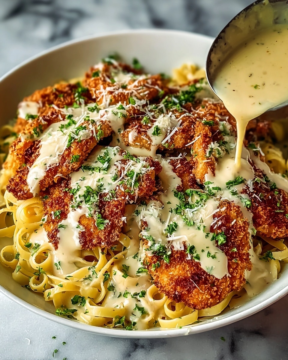 Large white serving bowl filled with multiple portions of golden crispy fried chicken cutlets, generously drizzled with creamy peppered sauce, laid over a bed of al dente linguine pasta, garnished with freshly chopped parsley and grated Parmesan cheese, the entire dish showcased from a 3/4 angle on a pristine white marble countertop, illuminated by natural lighting, styled like a hero shot from a gourmet food magazine, photo taken with an iphone --ar 4:5 --v 7