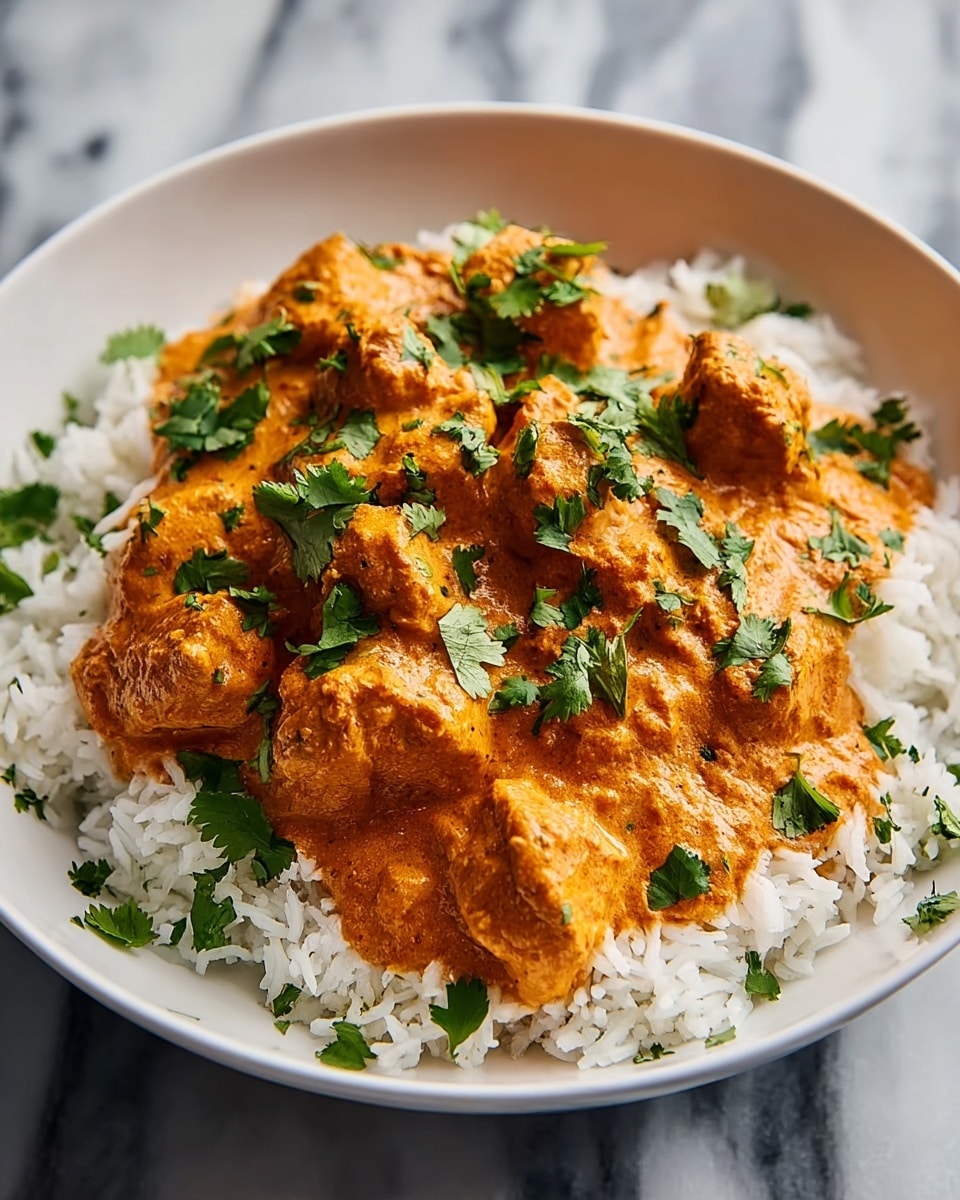 Large white cast iron pot filled with rich, creamy chicken curry simmered to perfection, abundant chunks of tender chicken immersed in a vibrant, spiced orange sauce laced with red chili pieces and sprinkled generously with fresh chopped cilantro, whole dish captured from above on a white marble surface under natural light, styled professionally like a food magazine hero shot, photo taken with an iphone --ar 4:5 --v 7