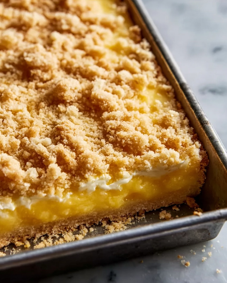 Lemon Cream Cheese Dump Cake Recipe 6 Large rectangular metal baking pan filled with a freshly baked lemon crumb bar dessert, showing a golden crumb topping sprinkled evenly over a tangy, glossy lemon curd layer, resting on a buttery shortbread crust, with crumbs around the edges, photographed from a 3/4 angle on a white marble countertop, natural lighting emphasizing texture and color, professional food magazine hero shot photo taken with an iphone --ar 4:5 --v 7