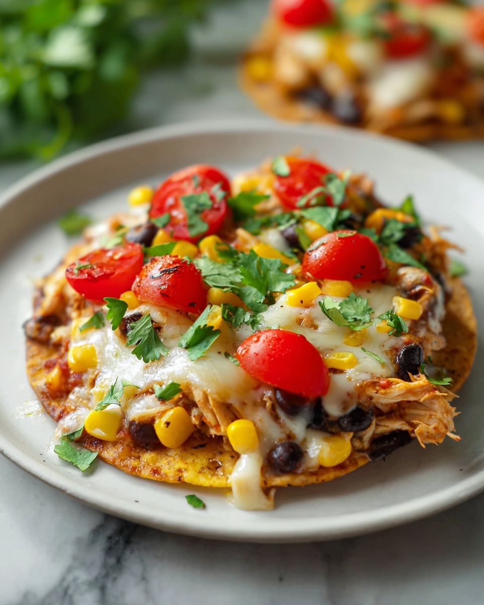Mexican Rotisserie Chicken Tostadas Recipe 6 Large white rectangular baking tray filled with four fully assembled tostadas topped with shredded seasoned chicken, melted white cheese, black beans, bright yellow corn kernels, diced fresh red tomatoes, and vibrant green cilantro leaves, all arranged on crispy golden corn tortillas, photographed from a 3/4 angle on a white marble countertop with natural lighting, styled as a professional food magazine hero shot, photo taken with an iphone --ar 4:5 --v 7