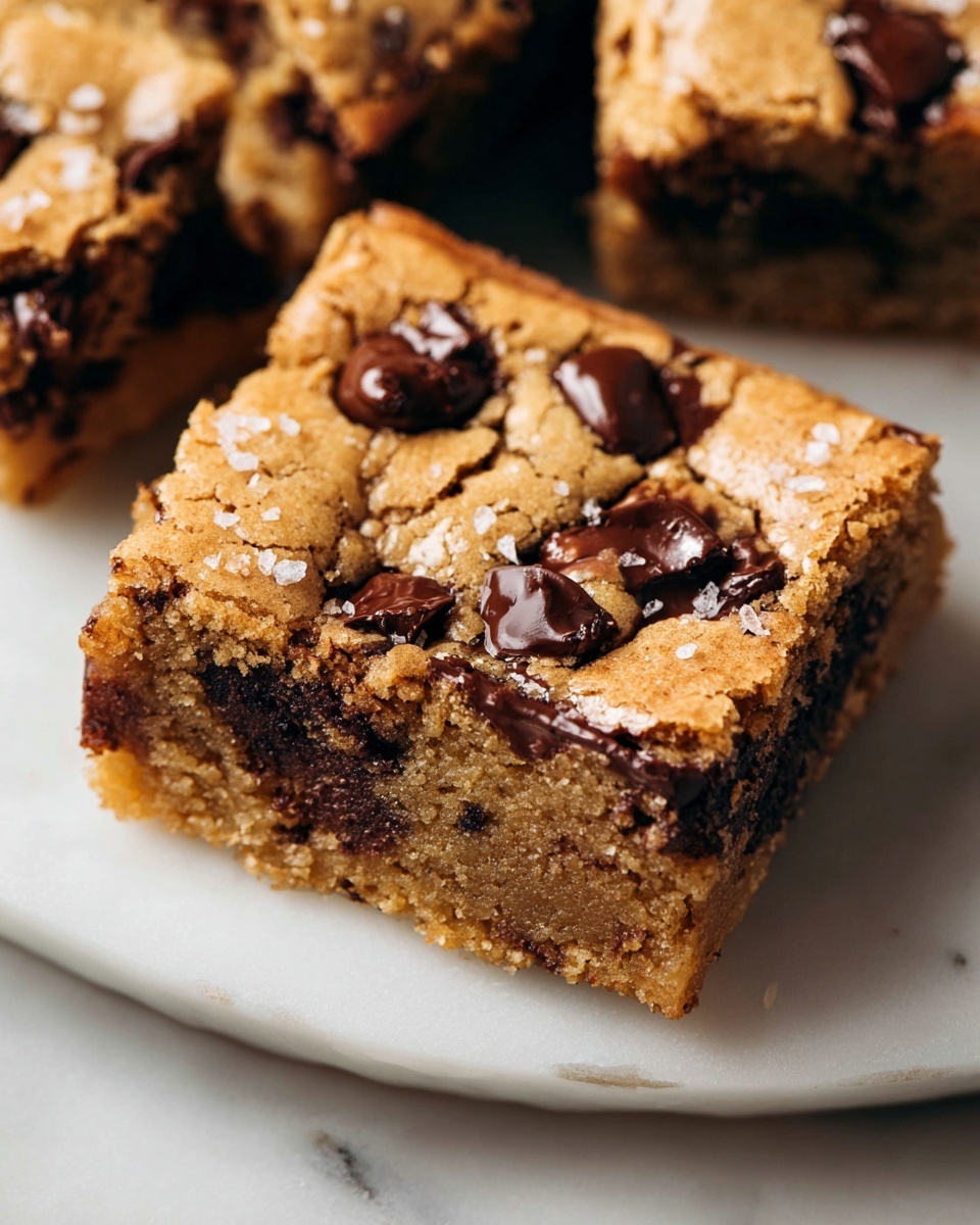 Large white square baking dish filled with a freshly baked chocolate chip blondie, the entire dessert showing a golden-brown crust generously studded with melted semi-sweet chocolate chips and topped with a light sprinkling of flaky sea salt, photographed from a 3/4 angle with natural light highlighting the texture and rich chocolate, set on a white marble countertop, styled like a hero food magazine shot, photo taken with an iphone --ar 4:5 --v 7