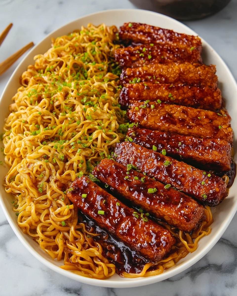 Sweet and Spicy Tempeh with Garlic Curry Noodles Recipe