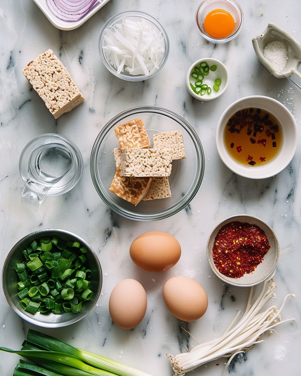 Single white plate with one neatly arranged portion of glossy, glazed tempeh strips beside a serving of golden, seasoned noodles, close-up angled shot highlighting the rich texture of the tempeh’s interior and the intricate coils of the noodles, garnished subtly with chopped herbs, placed on a white marble surface in natural light, intimate plated serving photo taken with an iphone --ar 4:5 --v 7
