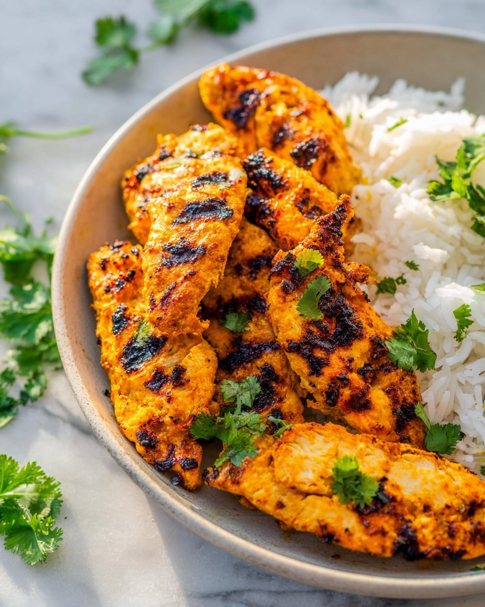 Large white serving bowl filled with a generous heap of vibrant grilled tandoori chicken pieces, richly marinated in bright orange spices, arranged alongside a fluffy mound of perfectly cooked white basmati rice, garnished with scattered fresh cilantro leaves, displayed on a pristine white marble countertop, natural daylight highlighting the smoky char marks and juicy texture, professional food magazine hero shot, photo taken with an iphone --ar 4:5 --v 7