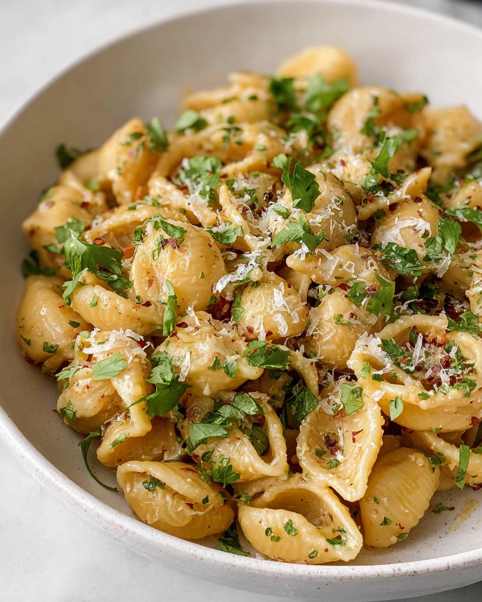 Vegan Caramelized Onion Pasta Recipe 6 Large white serving bowl filled with a generous portion of shell pasta tossed in a creamy, golden garlic and herb sauce, sprinkled with finely grated Parmesan cheese and vibrant fresh parsley leaves for garnish, showcasing the full dish with tender, perfectly coated pasta shells, photographed from a close 3/4 angle on a white marble countertop, natural lighting highlighting the textures, professional food magazine hero shot photo taken with an iphone --ar 4:5 --v 7