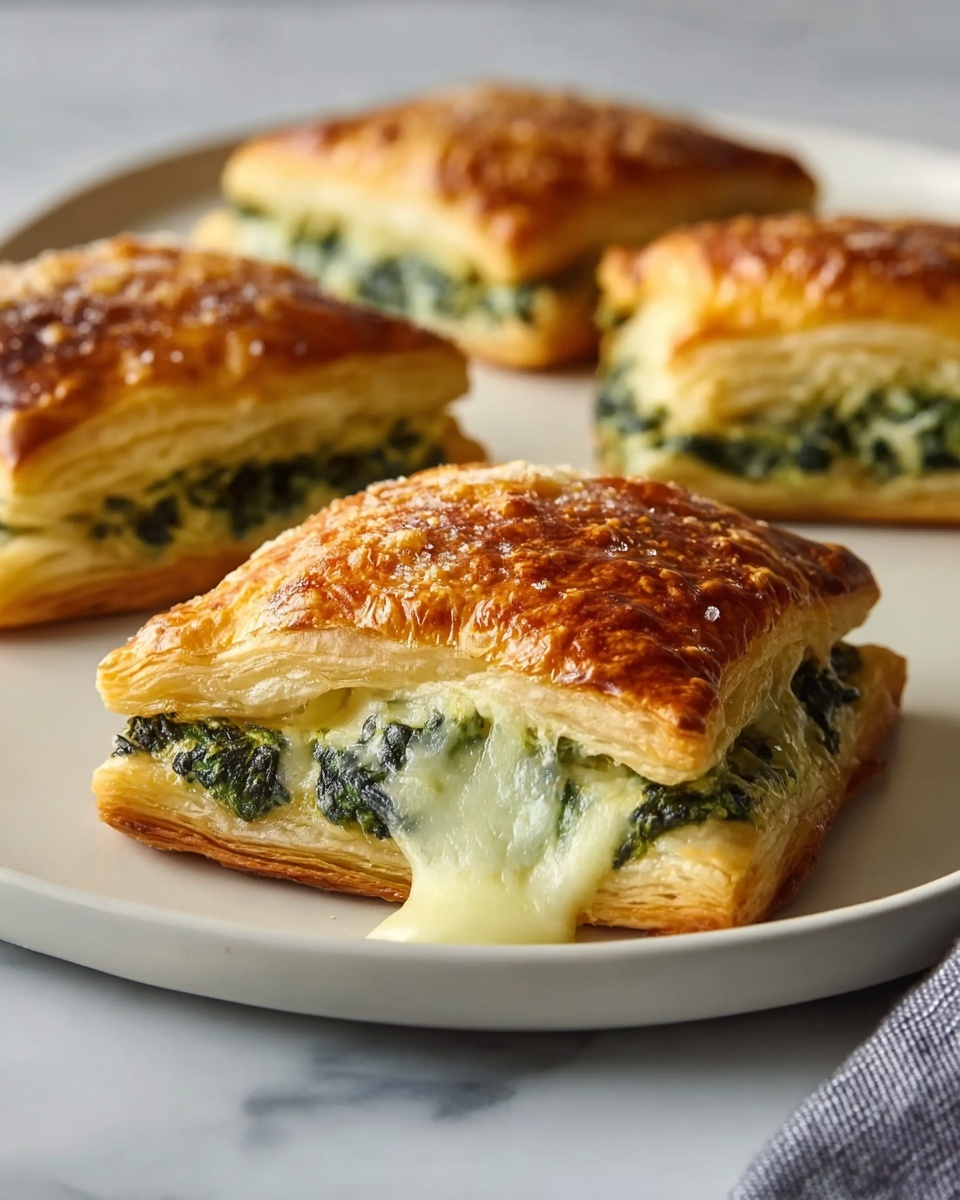 Full baking tray lined with parchment paper, holding six golden-brown spinach and cheese puff pastries evenly spaced, each with beautifully flaky, crispy layers and a slightly glossy, brushed egg wash topping, the pastries puffed up perfectly with some showing creamy spinach filling peeking out, set on a white marble countertop with soft natural lighting highlighting the textures, professional food styling hero shot taken with an iphone --ar 4:5 --v 7