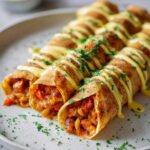 Baked or Air-Fried Chickpea Taquitos with Spicy Vegan Cheese Sauce Recipe