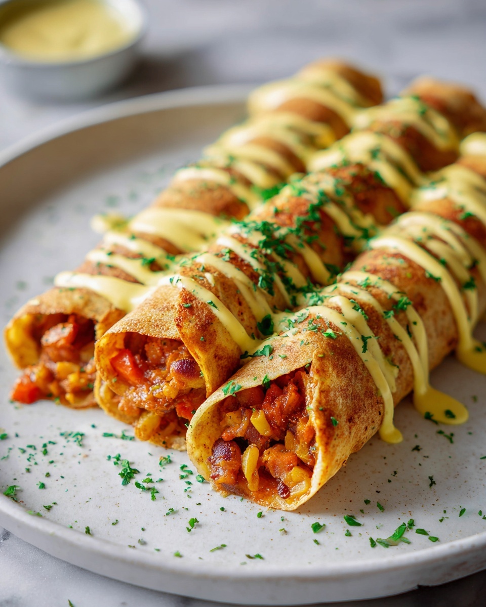Baked or Air-Fried Chickpea Taquitos with Spicy Vegan Cheese Sauce Recipe