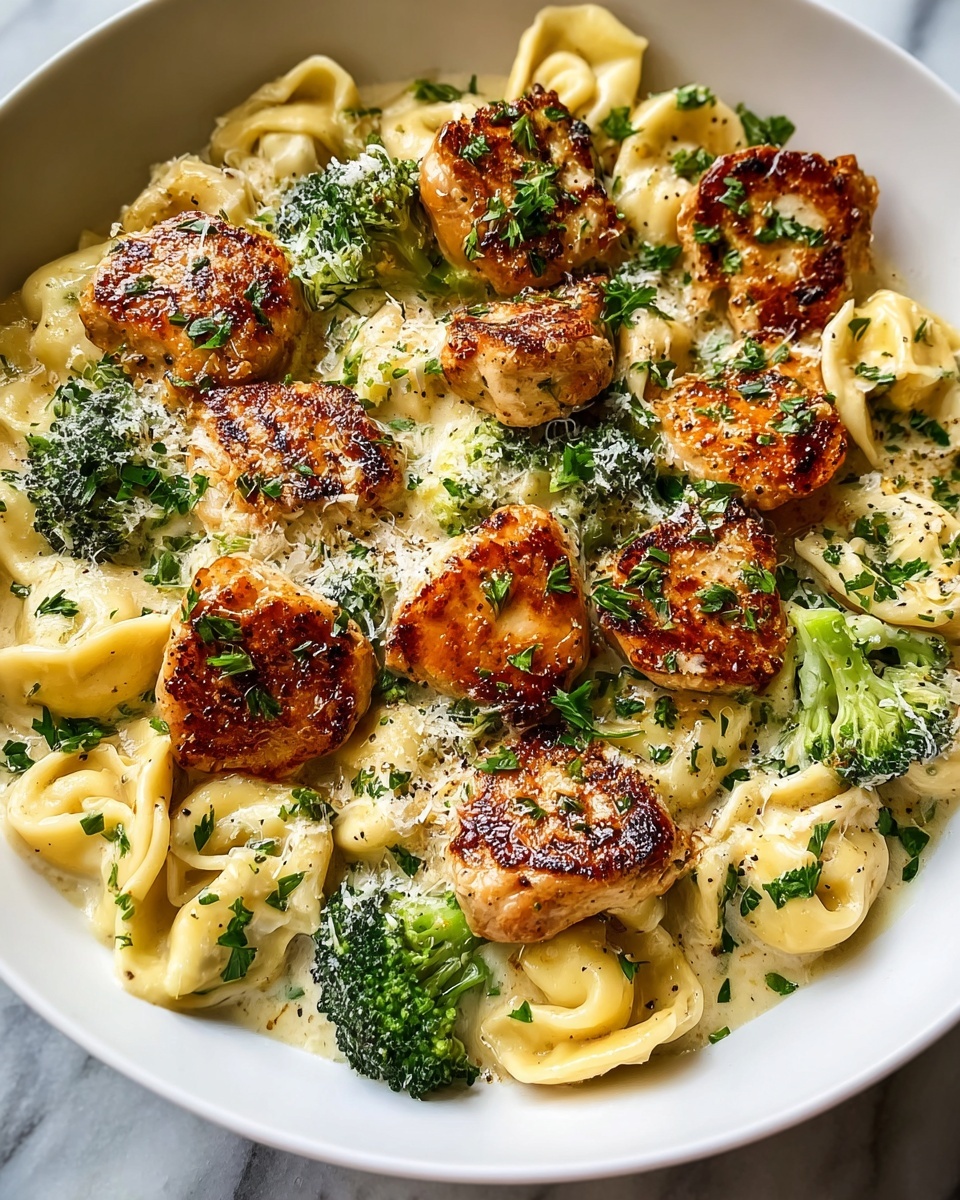 Large white bowl filled with creamy tortellini pasta, generously coated in a rich Alfredo sauce, topped with multiple perfectly seared golden-brown chicken medallions and vibrant green broccoli florets, garnished with freshly grated Parmesan cheese and chopped parsley, entire dish shown from a professional 3/4 angle on a white marble surface, captured in natural lighting for a mouthwatering food magazine hero shot, photo taken with an iphone --ar 4:5 --v 7