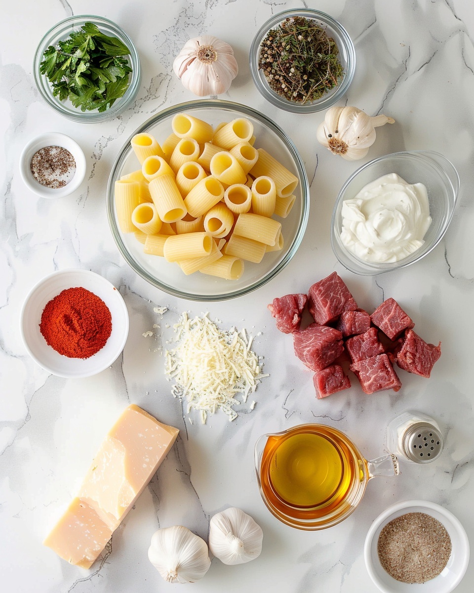 Single white bowl filled with a generous portion of creamy rigatoni pasta coated in a rich, savory sauce with tender chunks of ground beef, sprinkled with finely chopped fresh parsley, close-up angle emphasizing the texture of the pasta ridges and the hearty sauce enveloping each piece, steam gently rising, placed on a white marble surface, styled as an intimate plated serving photo taken with an iphone --ar 4:5 --v 7