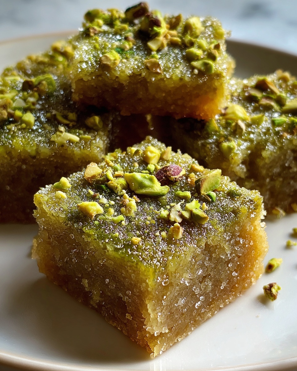 Large white square baking dish filled with a whole tray of moist, golden-brown pistachio and date barfi, each piece evenly cut within the dish, topped with scattered chopped green pistachios glistening with a light syrupy glaze, showcasing a textured, crumbly surface and a dense, rich interior, photographed from a 3/4 angle on a white marble countertop with natural lighting, professional food styling photo taken with an iphone --ar 4:5 --v 7