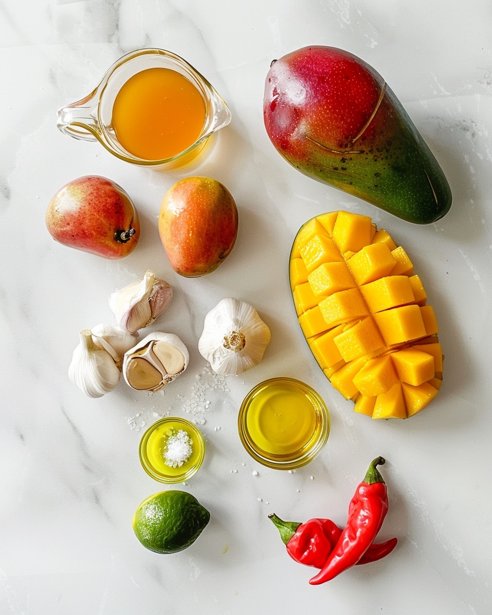 Single white ramekin serving filled with vibrant golden mango garlic chili sauce, close-up angle emphasizing the thick, chunky texture with visible chili flakes and fresh herbs scattered throughout, spoon scooping up a bit of the sauce to reveal its luscious consistency, placed on a white marble surface under natural lighting, styled food blog presentation photo taken with an iphone --ar 4:5 --v 7