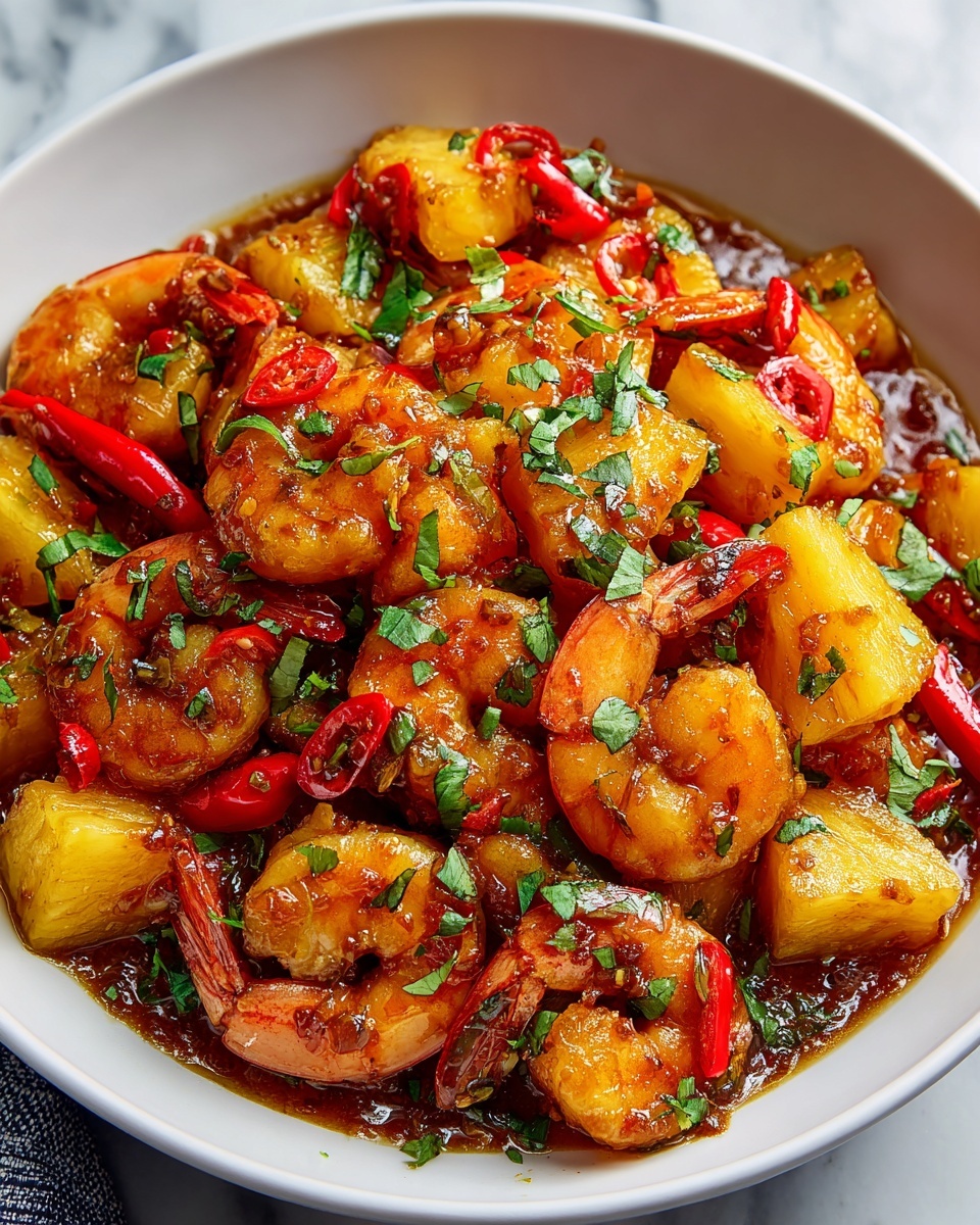 Large white serving bowl filled with whole vibrant shrimp stir-fried with juicy golden pineapple chunks, bright red chili peppers, and fresh green herbs in a glossy, richly spiced sauce, the entire dish presented in a full generous portion, photographed from a professional 3/4 angle on a white marble countertop with soft natural lighting, styled like a food magazine hero shot, photo taken with an iphone --ar 4:5 --v 7