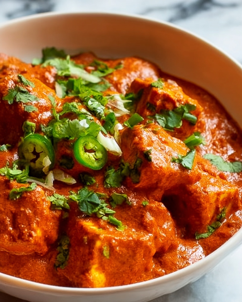 Large white pot filled with rich, creamy Indian butter chicken curry, showcasing tender, whole chunks of chicken simmering in vibrant orange tomato-based sauce, garnished with fresh cilantro leaves and sliced green chili peppers, whole dish photographed from a 3/4 angle on a white marble countertop with natural lighting, styled like a hero shot from a food magazine, photo taken with an iphone --ar 4:5 --v 7