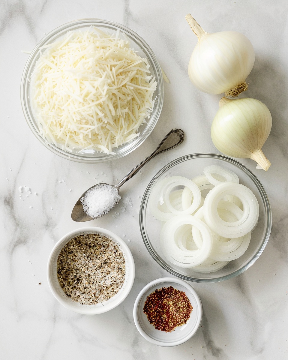 Viral High-Protein Keto Onion Rings Hack (No Breadcrumbs, No Frying!) Recipe 5 Single white plate featuring one golden-brown crispy baked onion rose showing delicate, thinly layered onion petals with a light dusting of parmesan cheese and subtle hints of charred edges, garnished with a small sprinkle of fresh green herbs, placed beside a small white ramekin of creamy dipping sauce with a dash of paprika on top, close-up angled shot revealing intricate textures and layers, set on a white marble surface with natural light, styled like a food blog individual serving photo taken with an iphone --ar 4:5 --v 7